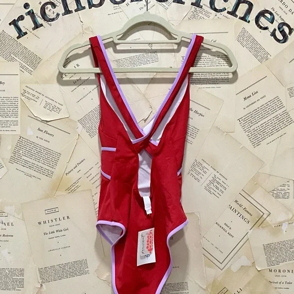 Free People Follow Suit Evie One Piece Bathing Suit Swimsuit Red Lav Trim - Picture 3 of 3